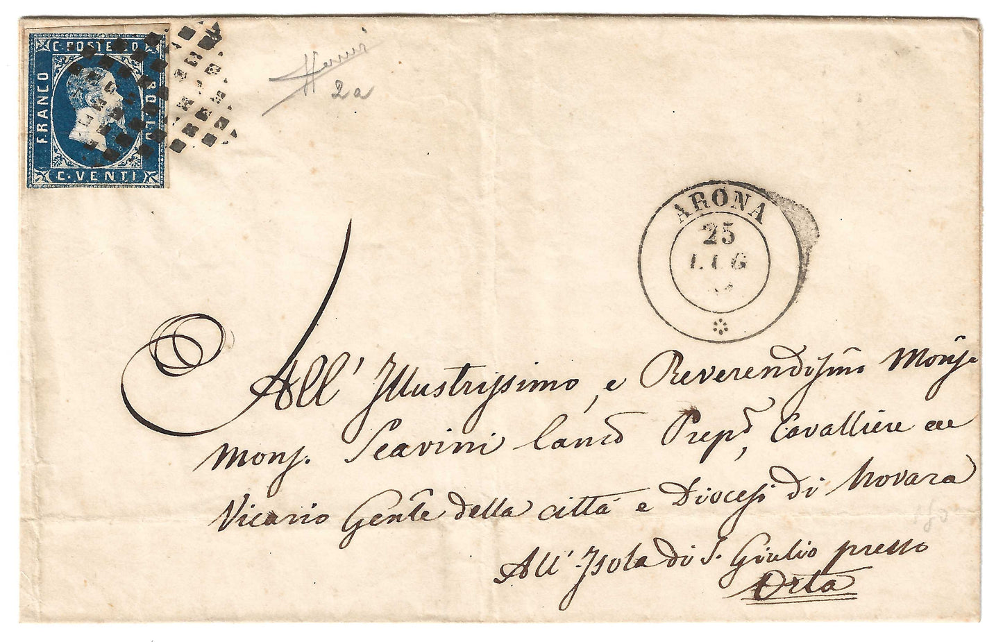 1851 Regno di Sardegna - Piego da ARONA ad Orta con francobollo da 20 c. azzurro I emissione