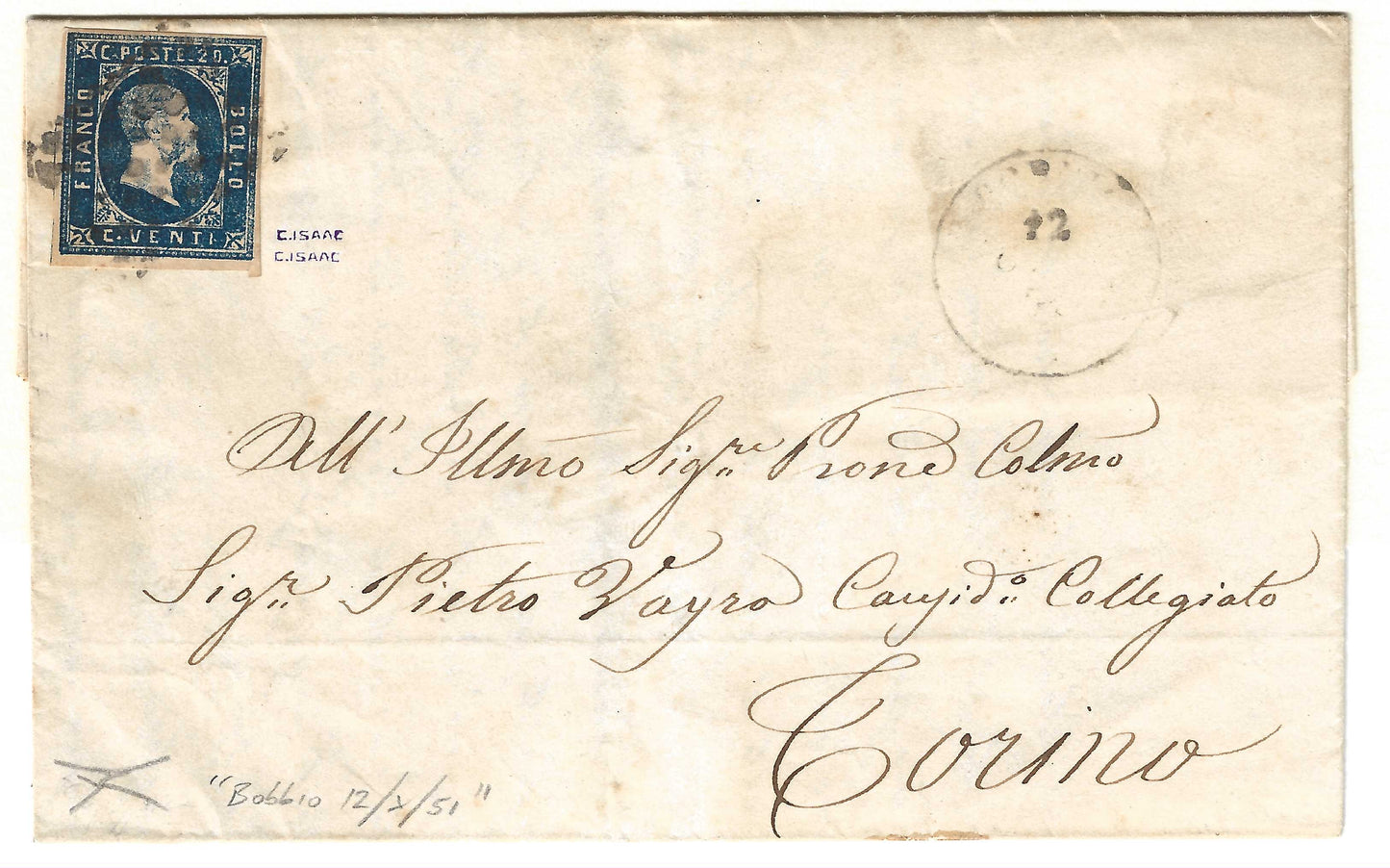 1851 Regno di Sardegna - Piego da BOBBIO a Torino con splendido francobollo da 20 c. I emissione