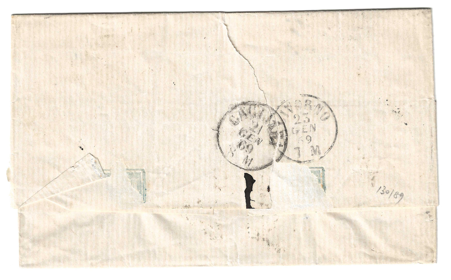 1869 Regno d'Italia - Piego da Tunisi a Livorno con coppia francobolli da 40 cent. Torino numerale punti