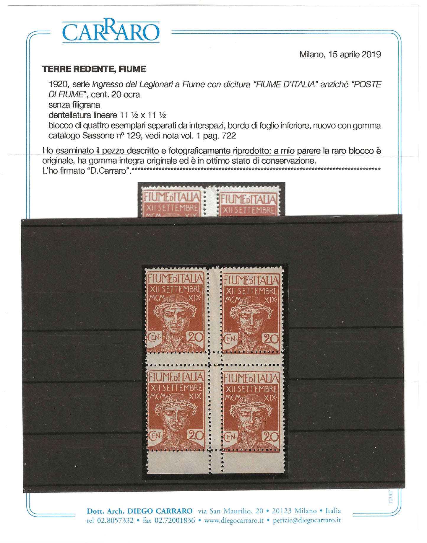 1920 Fiume - Blocco rarissimo di francobolli Ingresso Legionari "FIUME d'ITALIA" unico noto MNH**
