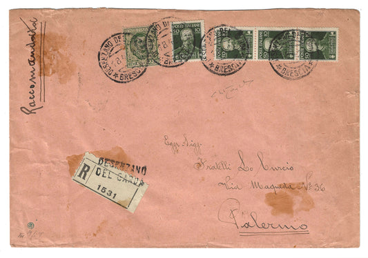1929 Regno d'Italia Busta per Palermo con francobolli 50 + 10 c. serie Cinquantenario morte Vittorio Emanuele II 1928