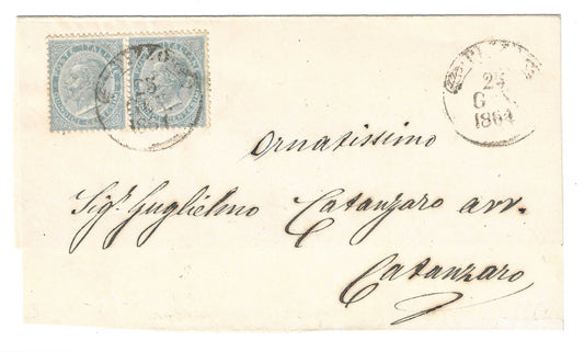 1863 Regno d'Italia - Frontespizio con coppia francobolli da 15 c. De La Rue e annullo di Pizzo