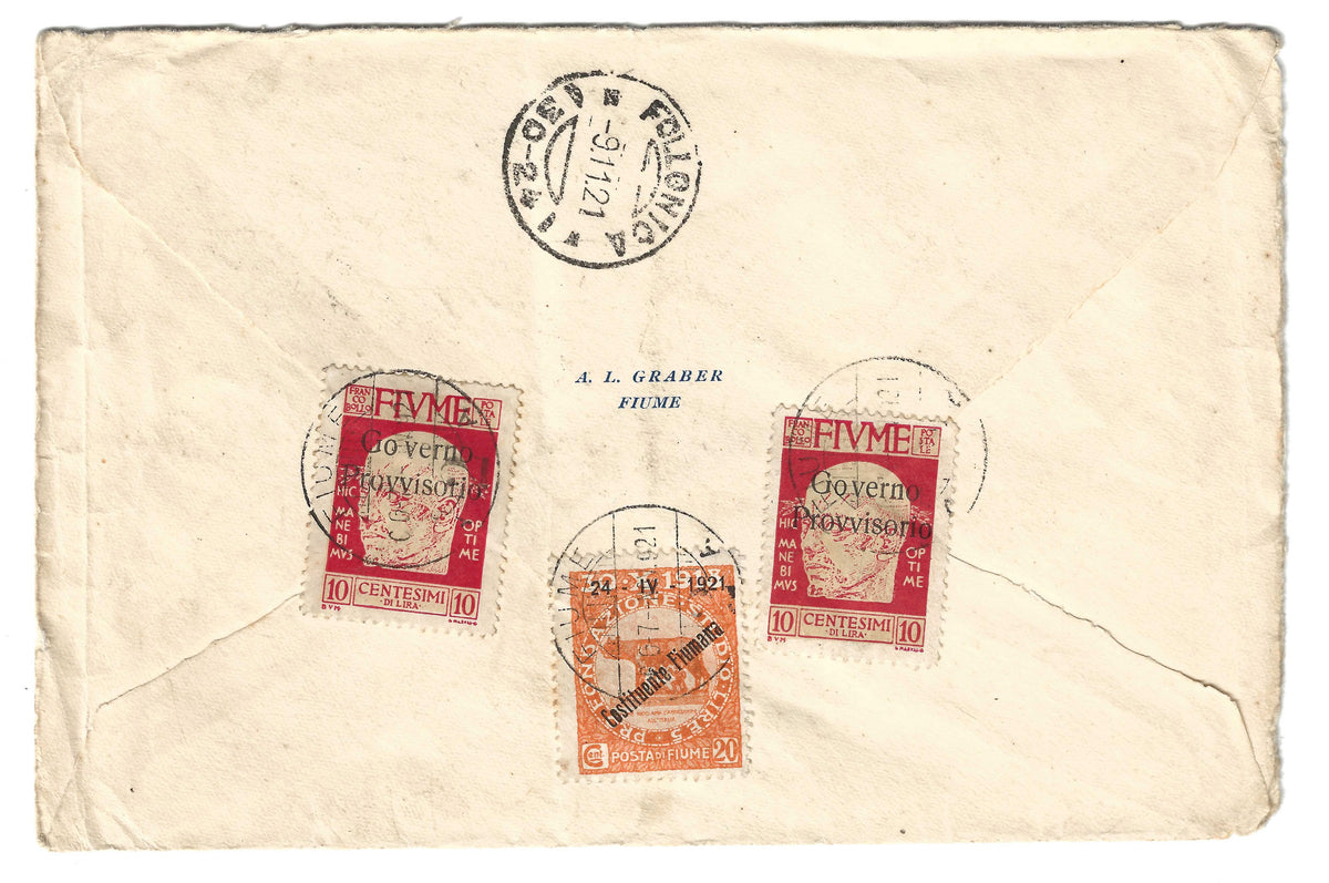 1922 Fiume - Busta per Follonica con valori D'Annunzio e Costituente 24-IV-1921