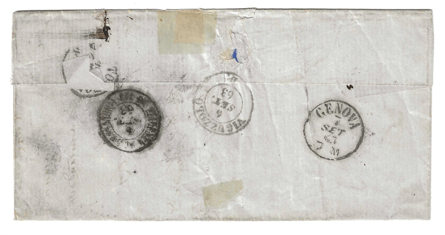 1863 Regno d'Italia - Piego di lettera da VIGUZZOLO a Genova con francobollo da 15 c. litografico del II tipo