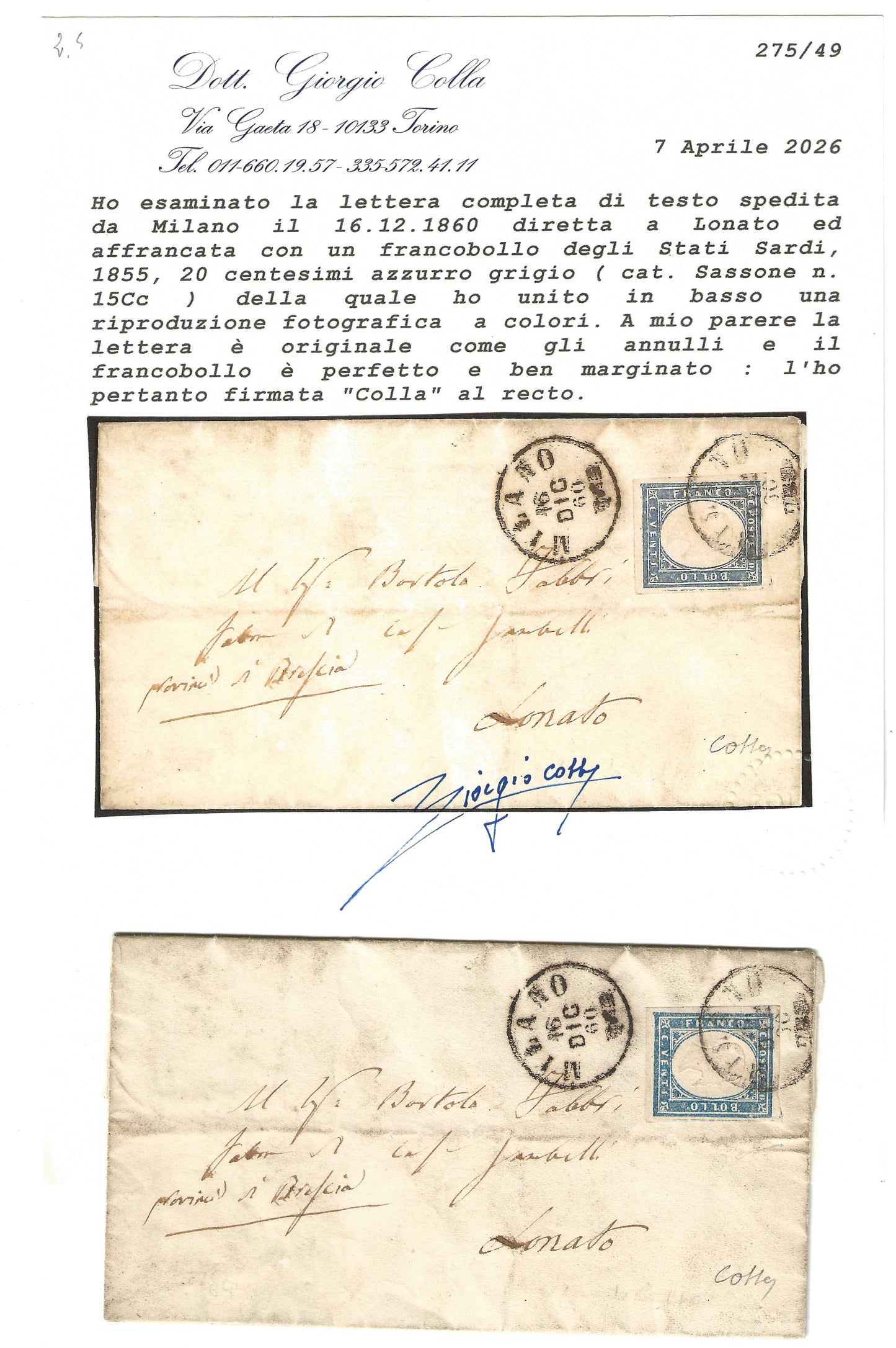1860 Regno di Sardegna Piego da Milano a Lonato con francobollo da 20 c. azzurro grigio Sassone 15Cc