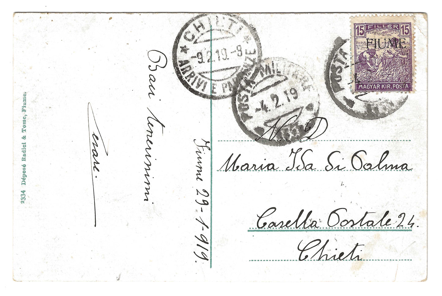 1919 Fiume - Cartolina dalla Posta Militare per Chieti con 15 f. d'Ungheria