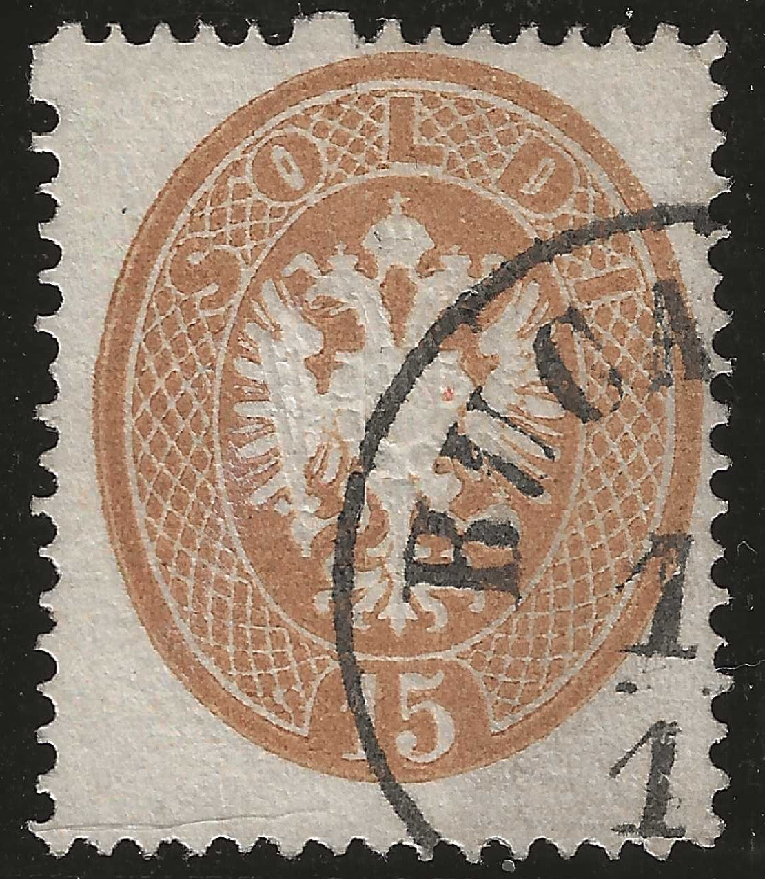 1863 Lombardo Veneto - Annullo di BUCAREST su francobollo da 15 s. dentellatura 14 firmato A. Diena