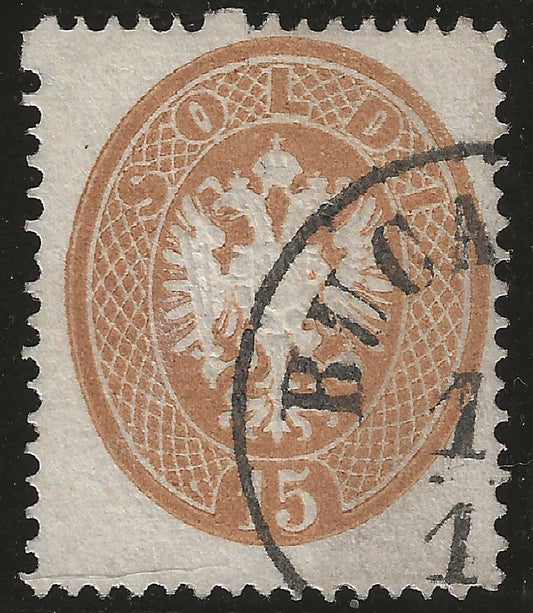 1863 Regno Lombardo Veneto - Annullo di BUCAREST su francobollo da 15 s. dentellatura 14 firmato A. Diena