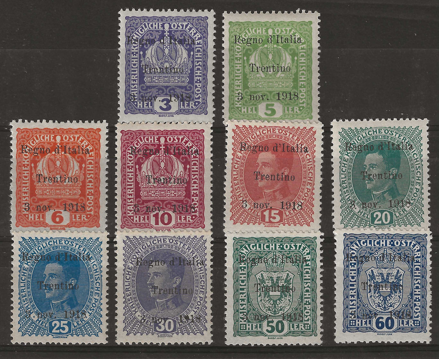 1918 Occupazioni Terre redente - Serie incompleta francobolli soprastampati Trentino Alto-Adige tutti firmati Oliva MH*