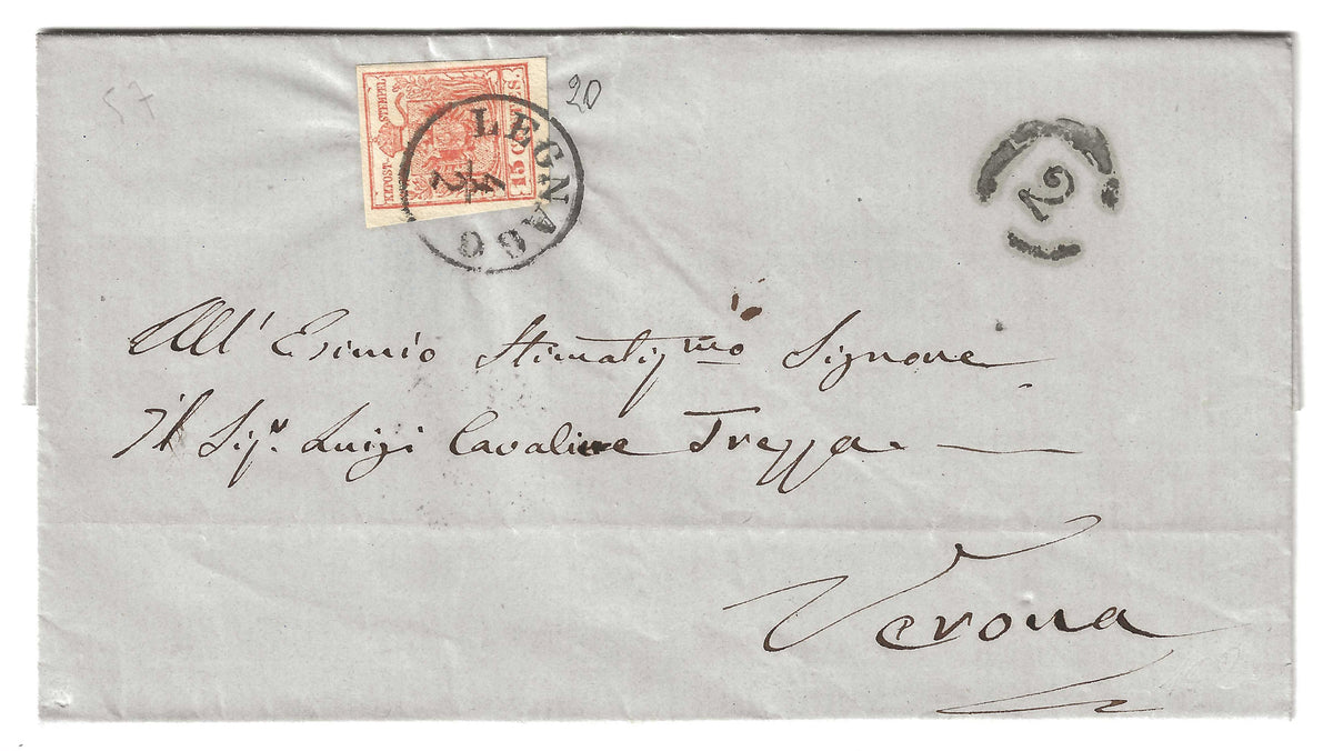 1854 Lombardo Veneto - Francobollo da 15 c. I emissione tipo III da Legnago a Verona