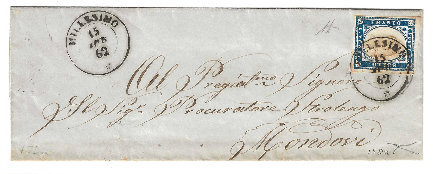 1862 Regno di Sardegna - Piego di lettera da MILLESIMO a Mondovì con francobollo da  20 c. IV emissione