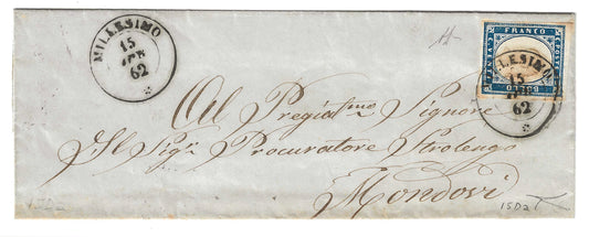 1862 Regno di Sardegna - Piego di lettera da MILLESIMO a Mondovì con francobollo da  20 c. IV emissione