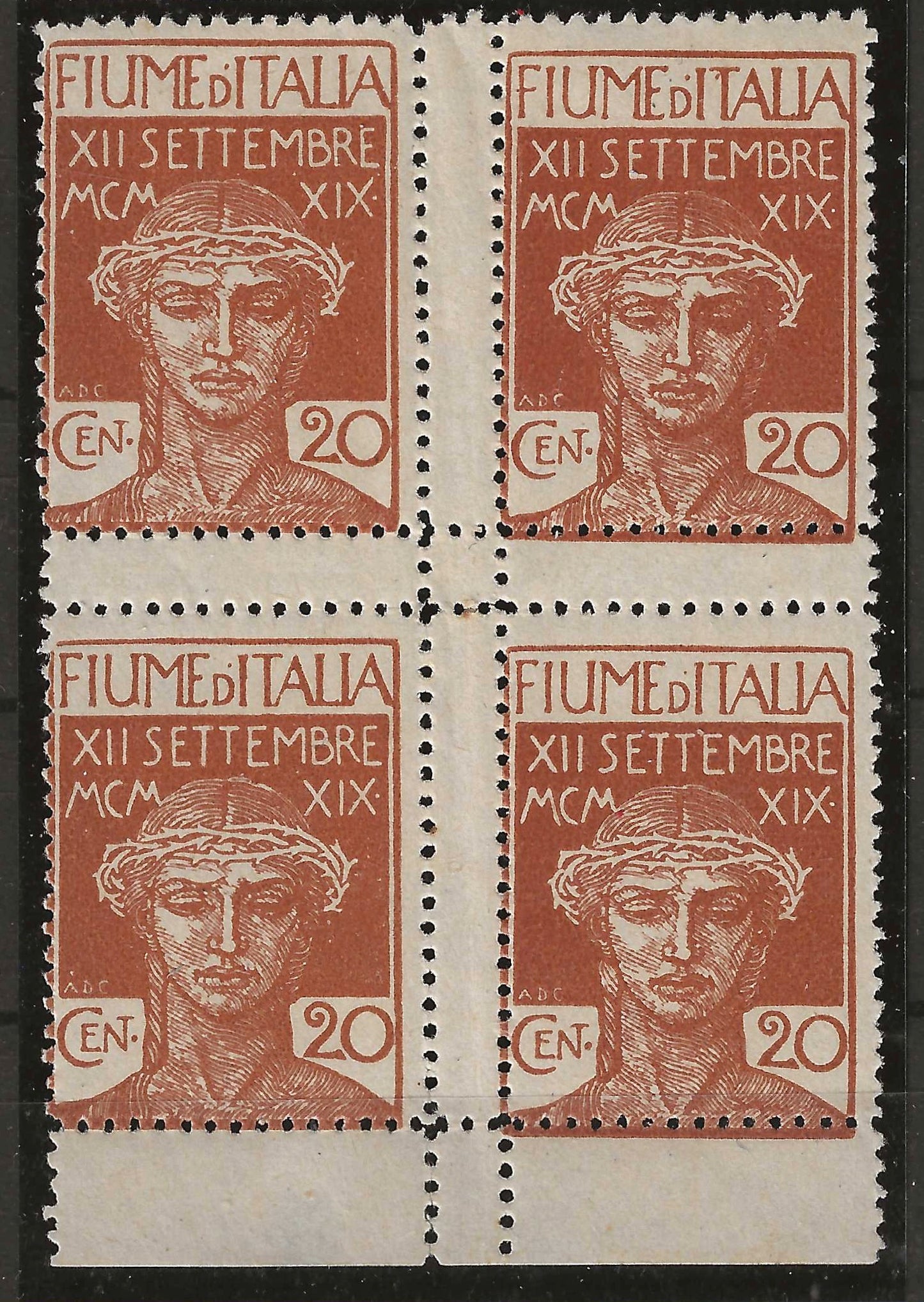 1920 Fiume - Blocco rarissimo di francobolli Ingresso Legionari "FIUME d'ITALIA" unico noto MNH**