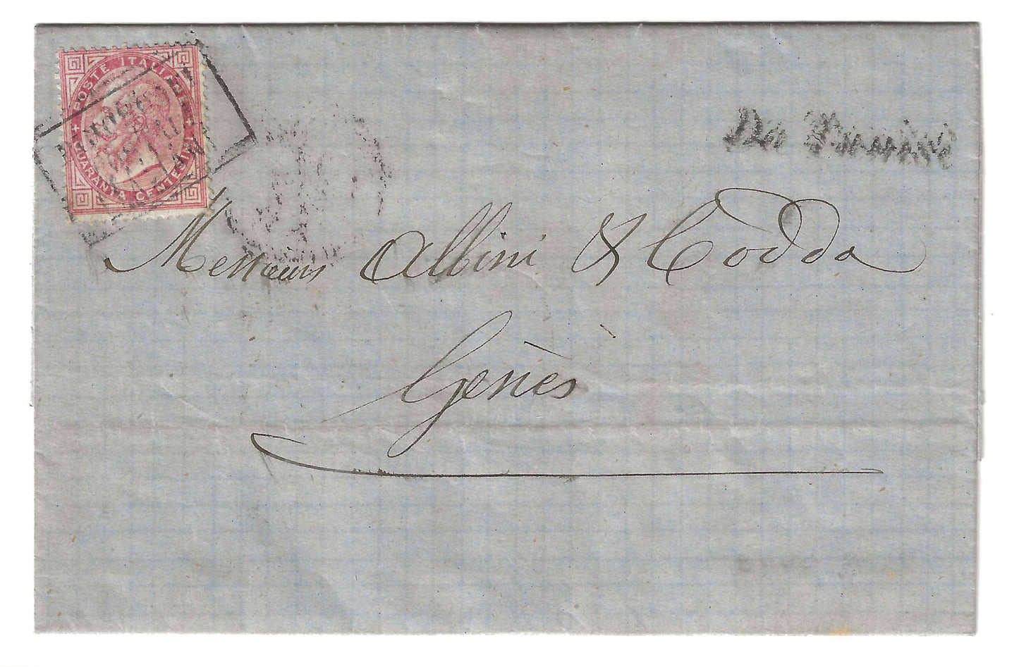 1867 Regno D'ITALIA - Busta da Tunisi a Genova con francobollo 40 c. annulli PIROSCAFI POSTALI ITALIANI e DA TUNISI