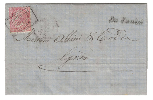 1867 Regno D'ITALIA - Busta da Tunisi a Genova con francobollo 40 c. annulli PIROSCAFI POSTALI ITALIANI e DA TUNISI