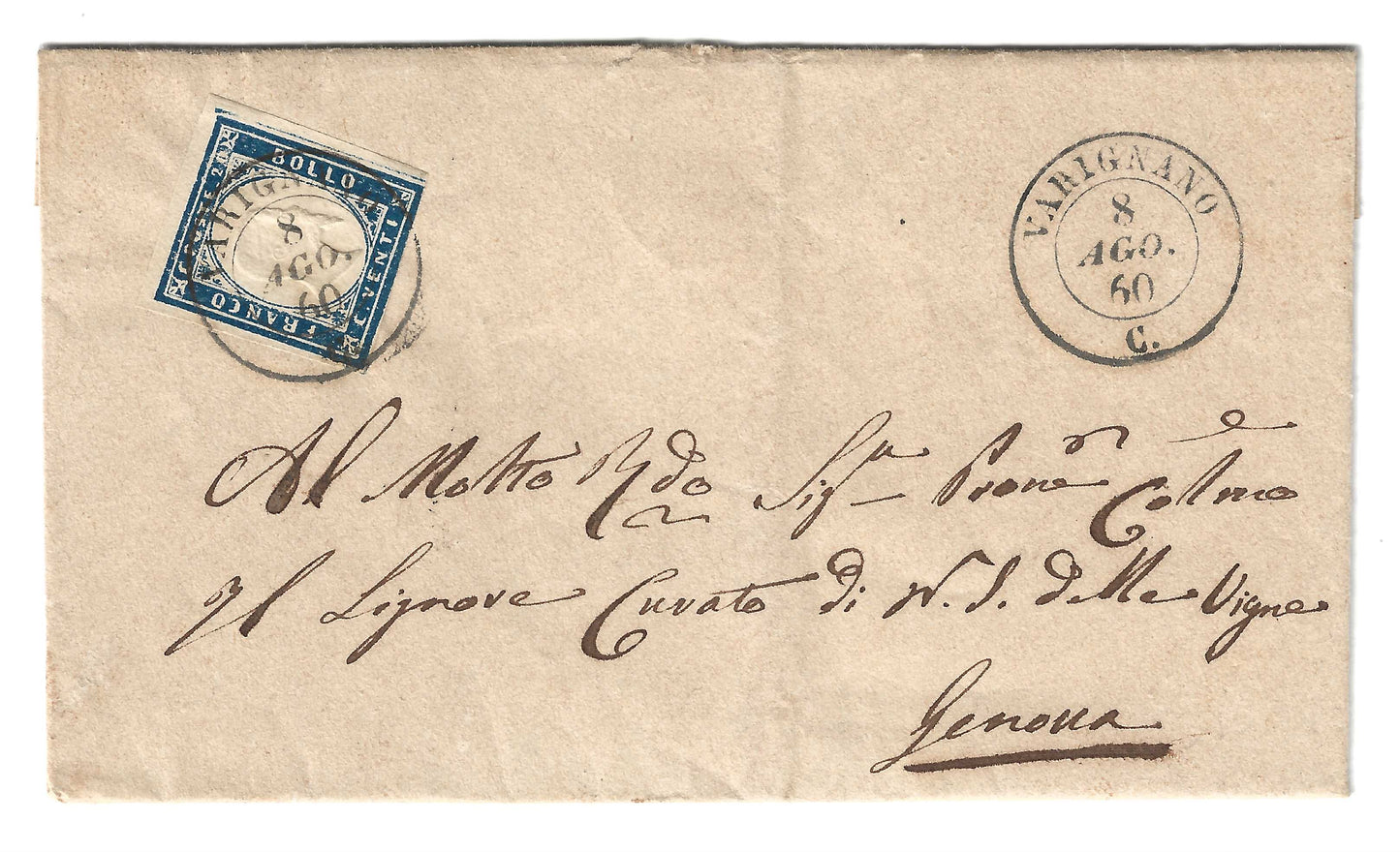 1860 Regno di Sardegna - Piego di lettera da VARIGNANO a Genova con francobollo da 20 c. IV emissione