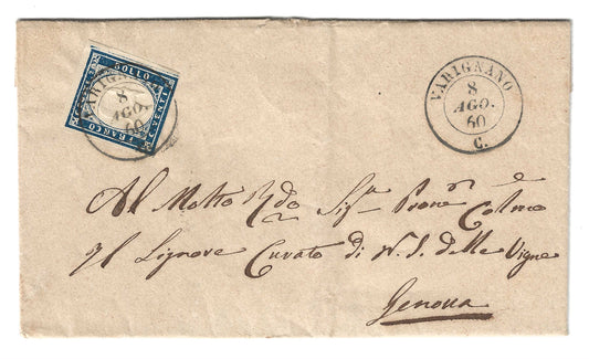 1860 Regno di Sardegna - Piego di lettera da VARIGNANO a Genova con francobollo da 20 c. IV emissione