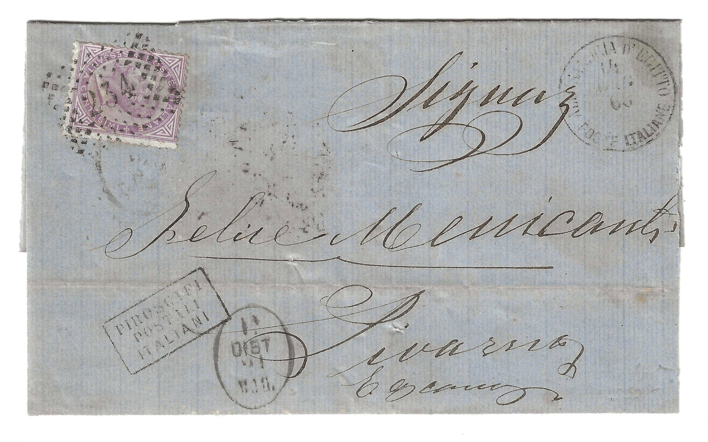 1866 Regno d'Italia - Piego da Alessandria d'Egitto con francobollo 60 c De La Rue e annullo Piroscafi Postali italiani