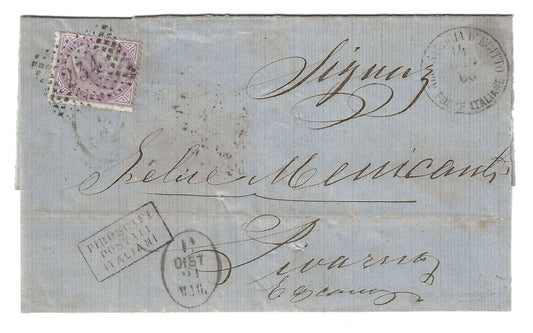 1866 Regno d'Italia - Piego da Alessandria d'Egitto con francobollo 60 c De La Rue e annullo Piroscafi Postali italiani
