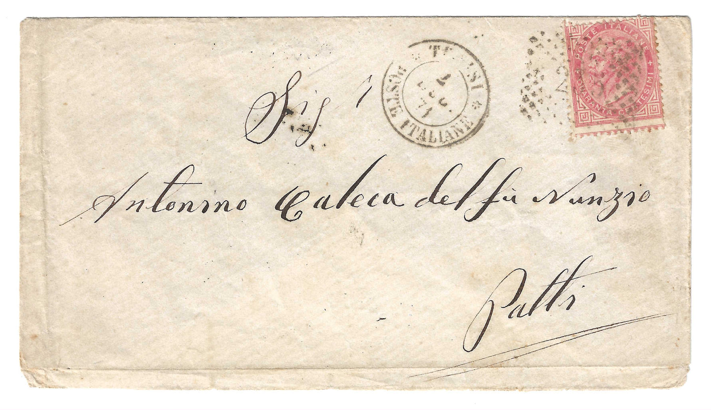 1871 Regno d'Italia - Busta da Tunisi a Patti con francobollo da 40 cent. Torino annullo numerale punti