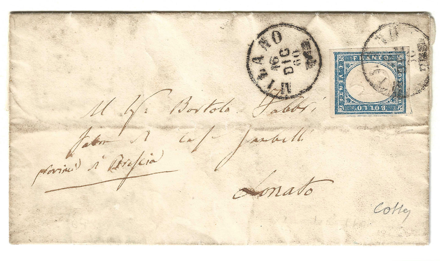 1860 Regno di Sardegna Piego da Milano a Lonato con francobollo da 20 c. azzurro grigio Sassone 15Cc