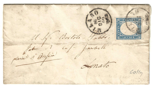 1860 Regno di Sardegna Piego da Milano a Lonato con francobollo da 20 c. azzurro grigio Sassone 15Cc
