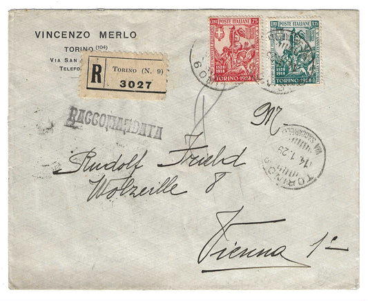 1929 Regno d'Italia busta per Vienna con francobolli da 75 c. e 1,75 l. serie Anniversario Vittoria