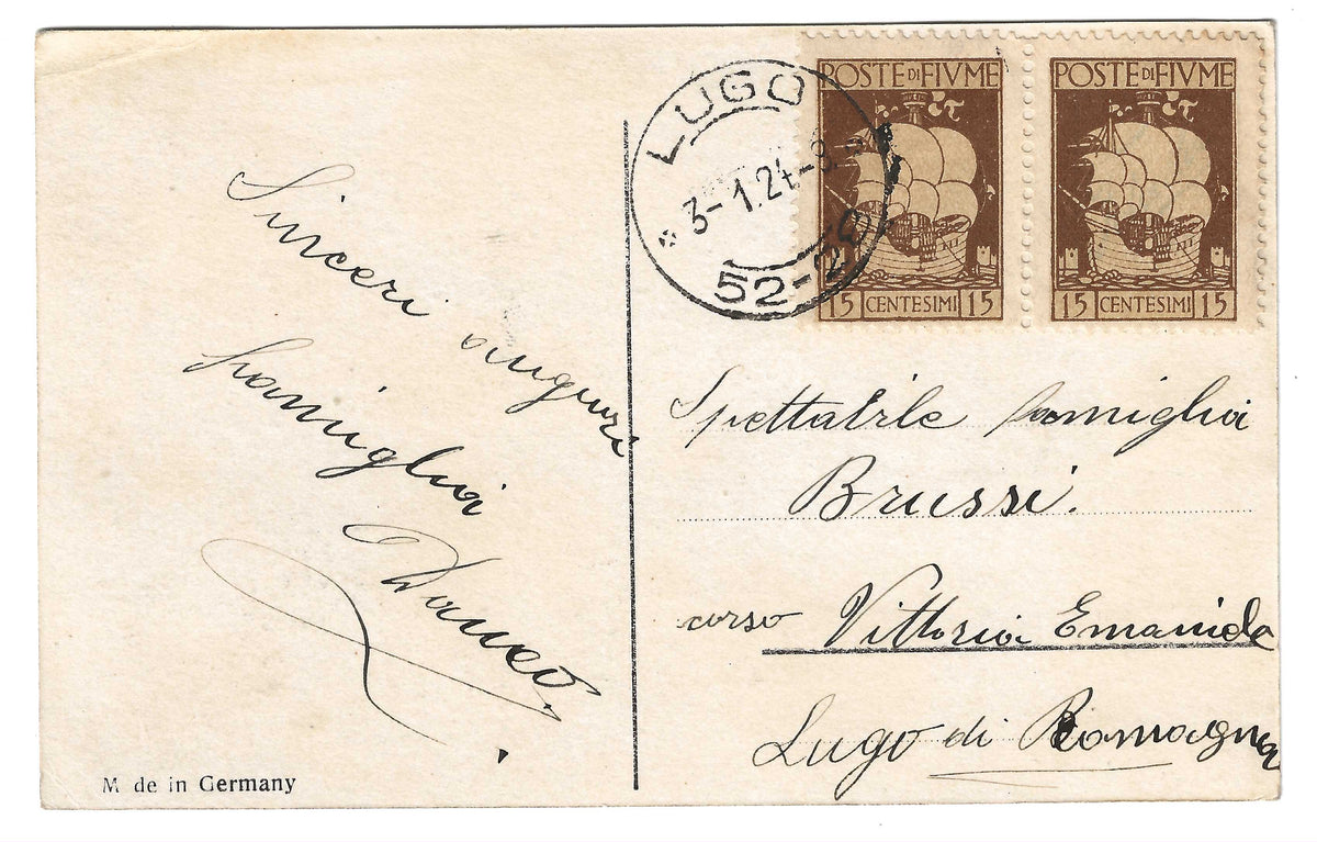 1923 Fiume - Cartolina per Lugo di Romagna con coppia francobolli 15 c. San Vito