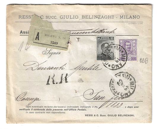 1909 Regno d'Italia Busta da Milano a San Fili con francobollo 50 c. malva Floreale ottima centratura