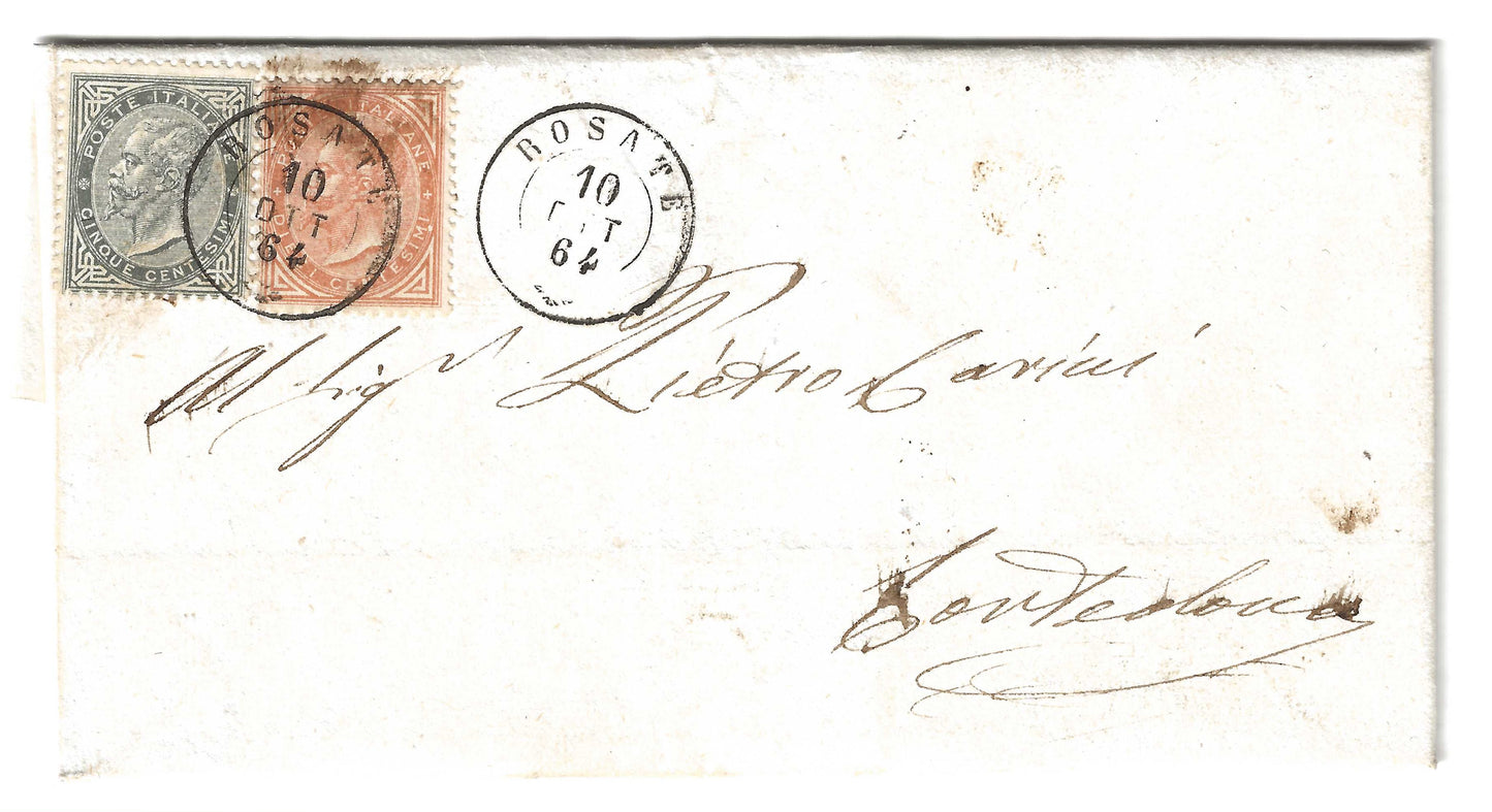 1864 Regno d'Italia - Lettera da ROSATE a Corte Olona con francobolli da 5 e 10 cent. De La Rue