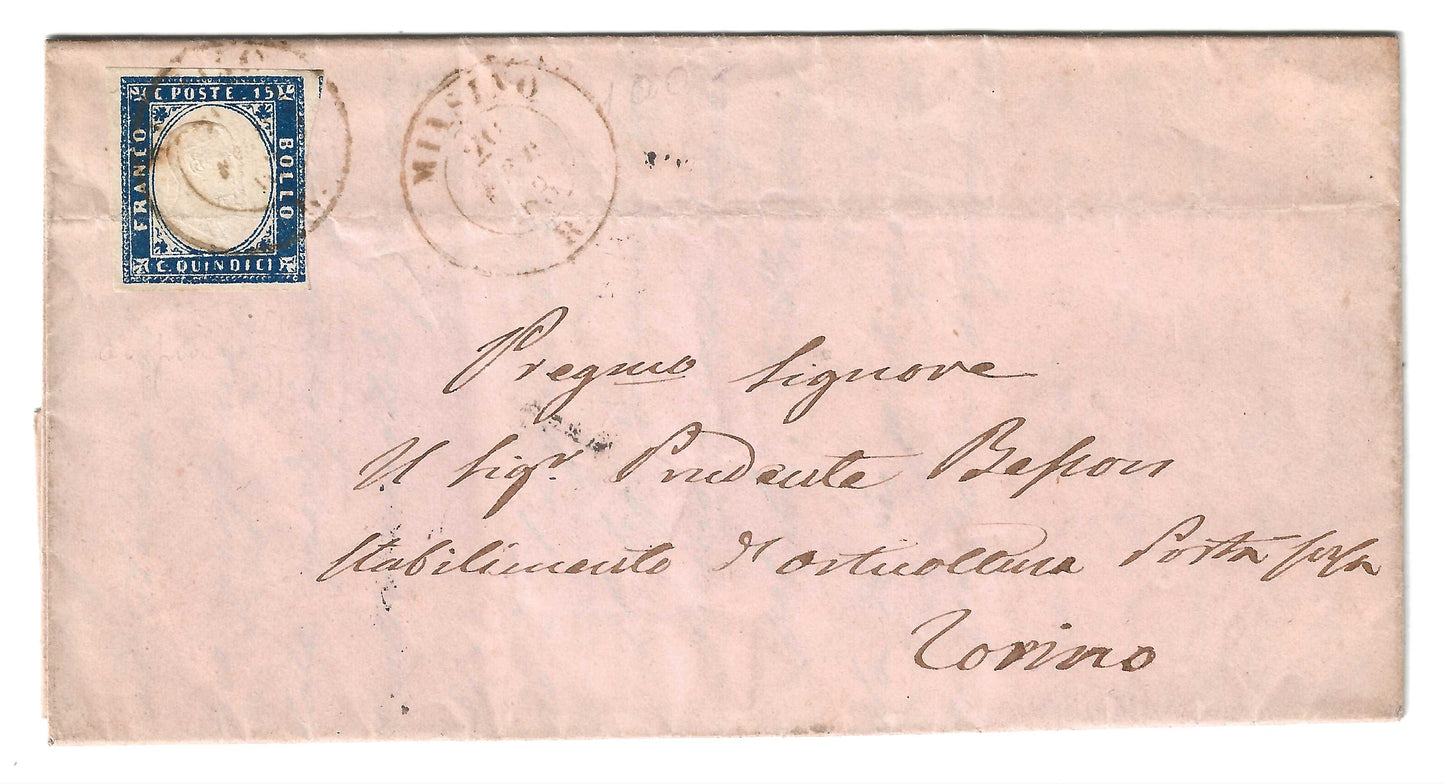 1863 Regno d'Italia - Piego da MIASINO a Torino con francobollo da 15 c. tipo Sardegna