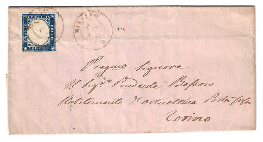 1863 Regno d'Italia - Piego da MIASINO a Torino con francobollo da 15 c. tipo Sardegna