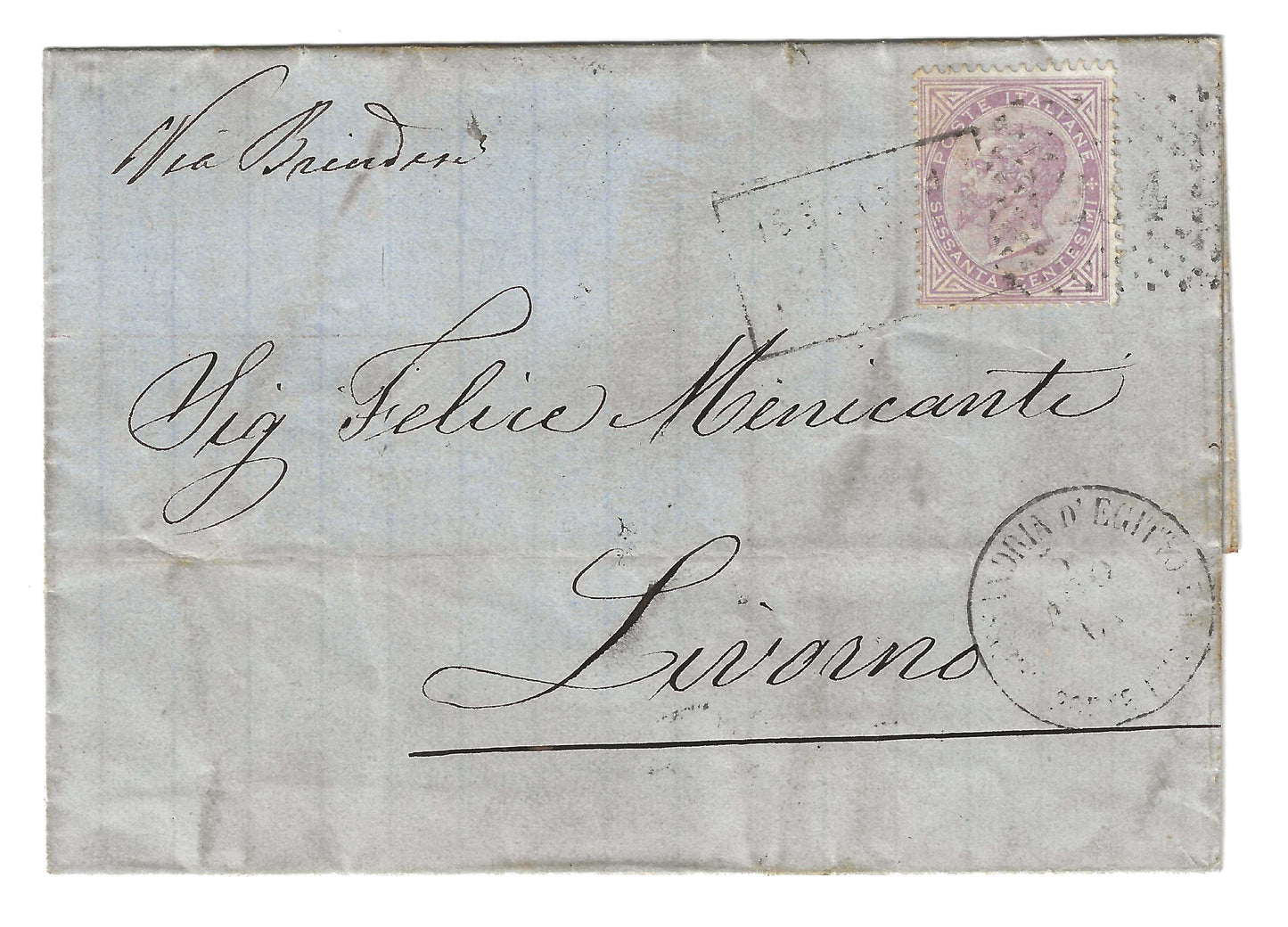 1867 Regno d'Italia - Francobollo da 60 c. DLR con annullatori PIROSCAFI POSTALI ITALIANI e muto a rombi numerale