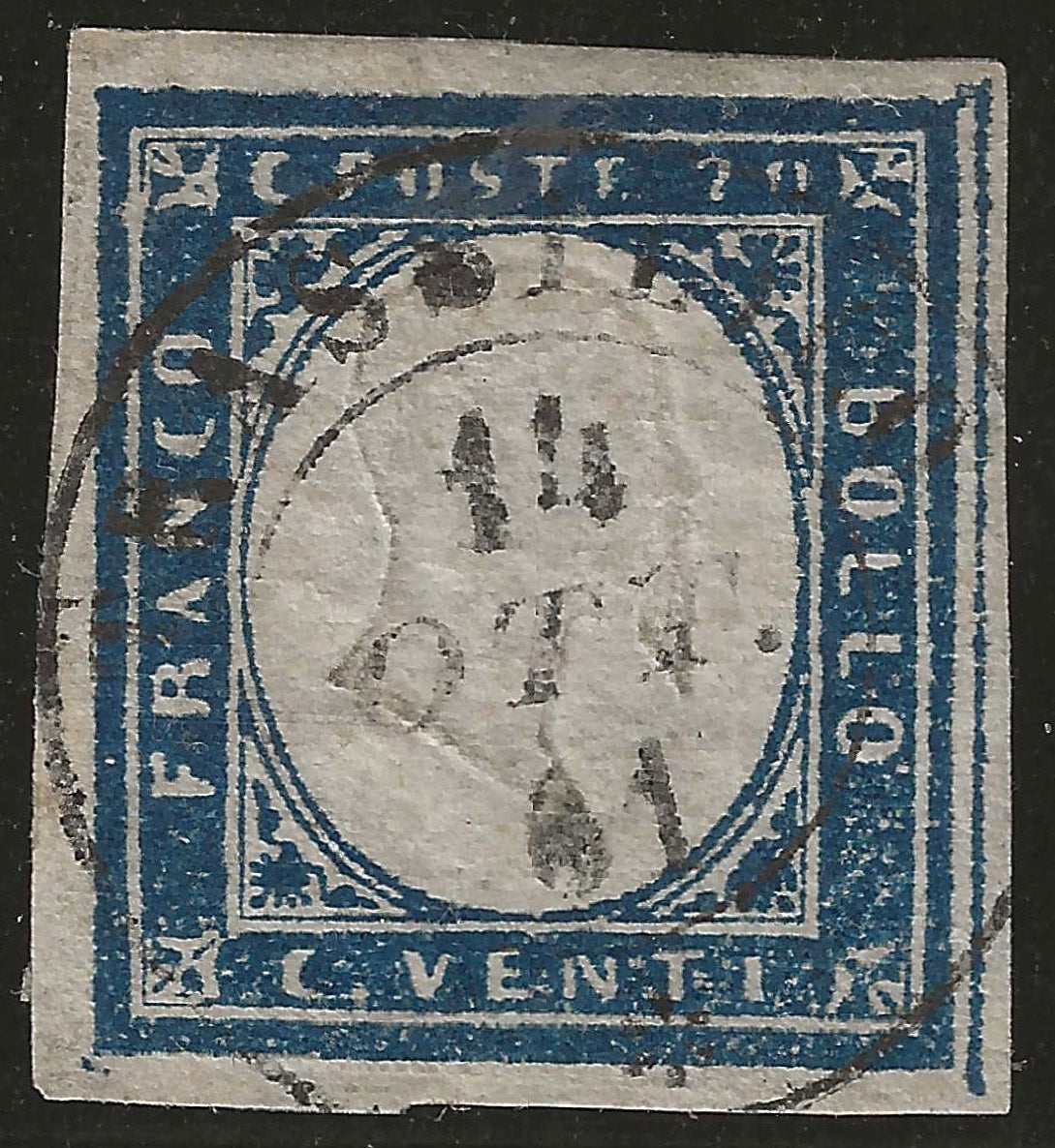 1861 Sardegna - Raro annullo di TRASSILICO su francobollo da 20 cent. firmato Vaccari e Bolaffi