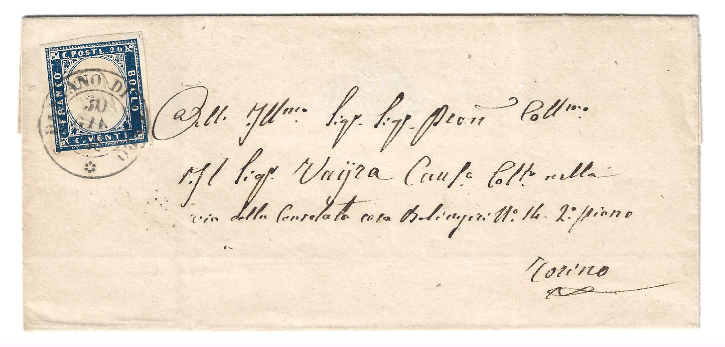 1858 Regno di Sardegna - Piego di lettera da S. DAMIANO DI CUNEO a Torino con francobollo da 20 c. IV emissione