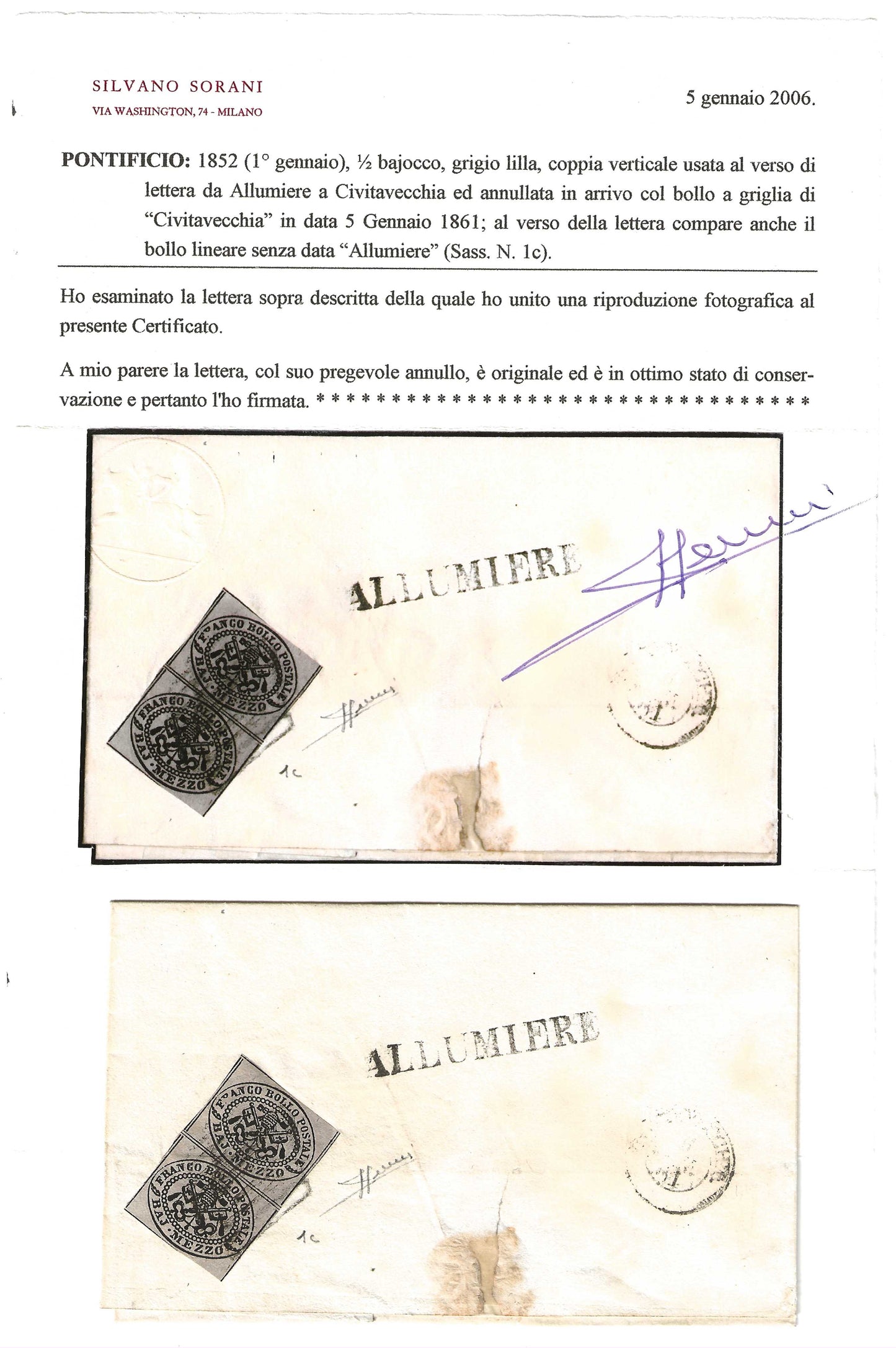 1861 Stato Pontificio - Lettera porto segnato da ALLUMIERE a Civitavecchia con francobolli da ½ baj.