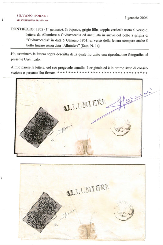1861 Stato Pontificio - Lettera porto segnato da ALLUMIERE a Civitavecchia con francobolli da ½ baj.