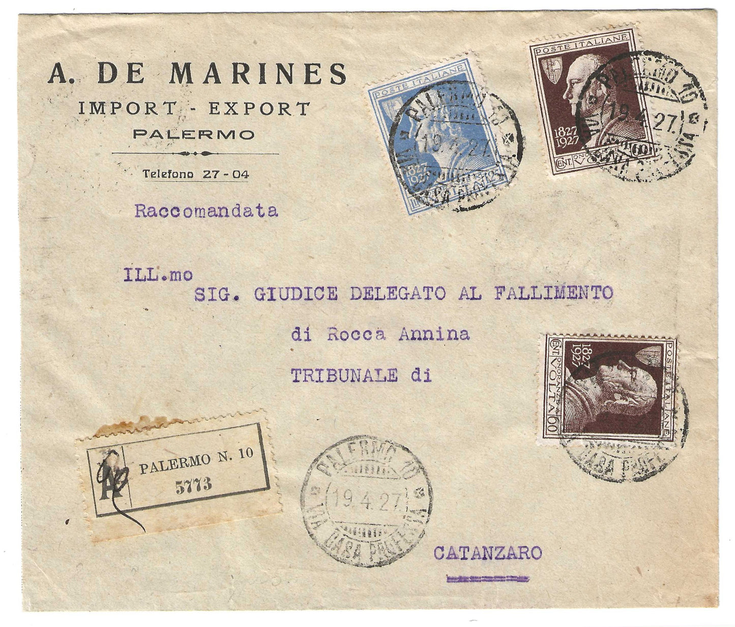 1927 Regno d'Italia Busta per Catanzaro con francobolli 60 c. e 1,25 l. della serie Alessandro Volta
