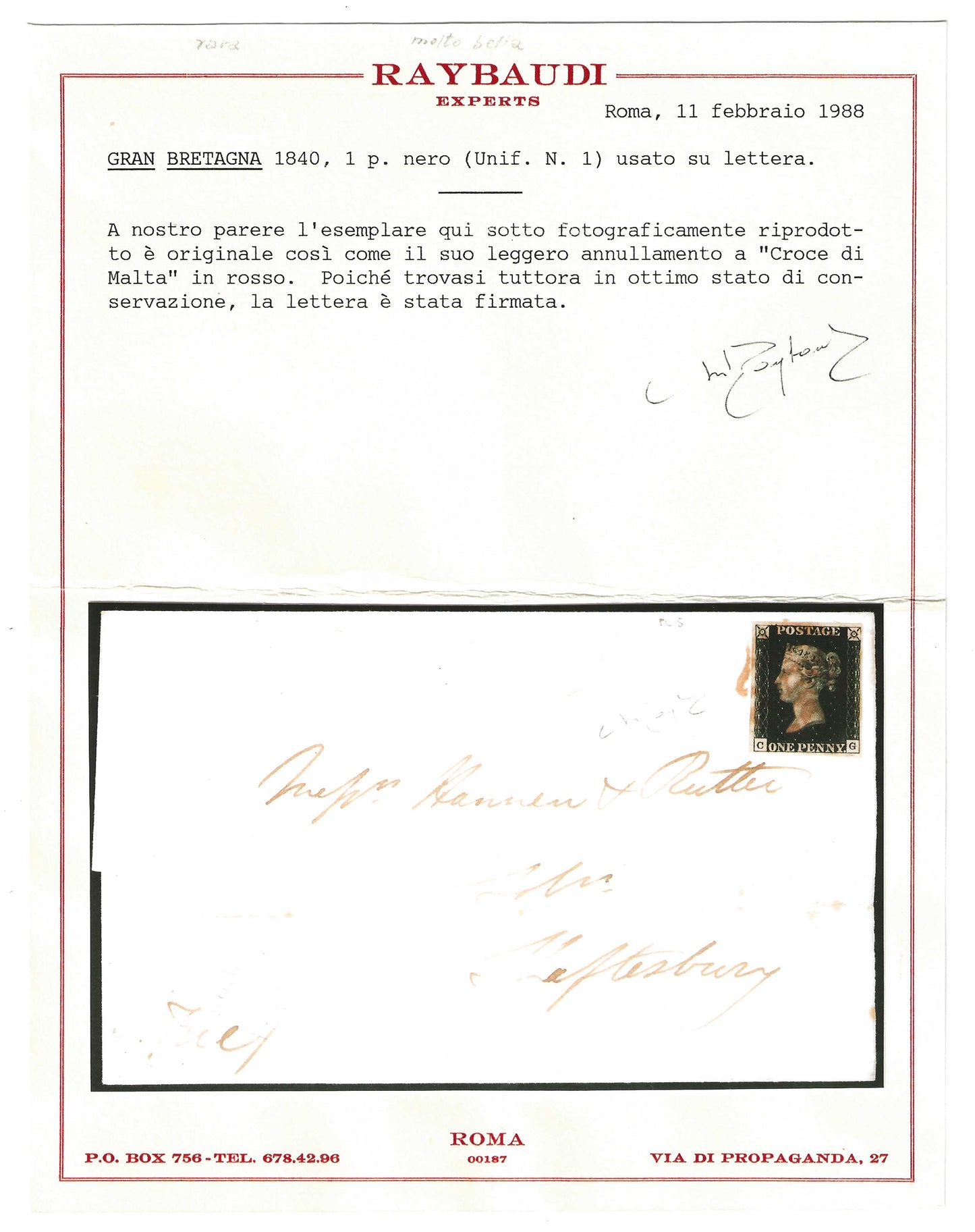 1840 Gran Bretagna - Francobollo da 1 p. nero "Penny Black" usato su lettera ottimo certificato Raybaudi