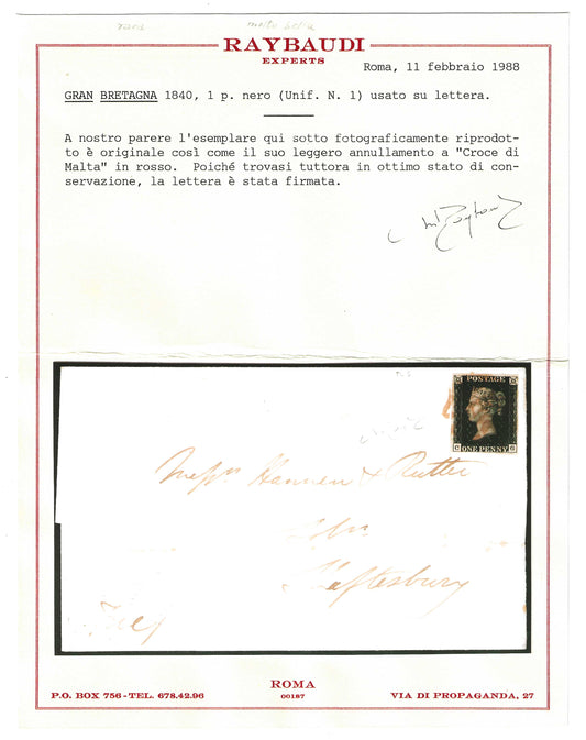 1840 Gran Bretagna - Francobollo da 1 p. nero "Penny Black" usato su lettera ottimo certificato Raybaudi