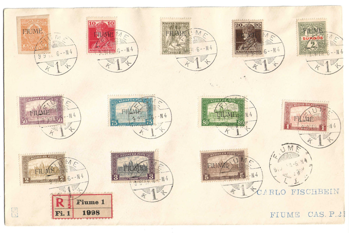 1916/17 Fiume - Busta filatelica con francobolli serie Vedute e Carlo e Zita con altri