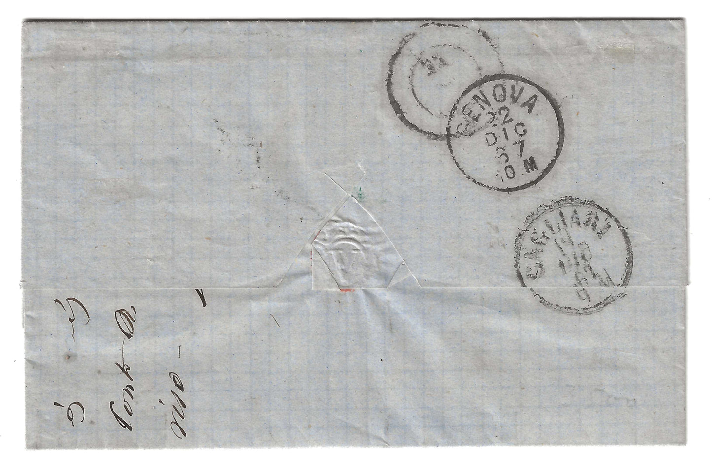 1867 Regno D'ITALIA - Busta da Tunisi a Genova con francobollo 40 c. annulli PIROSCAFI POSTALI ITALIANI e DA TUNISI