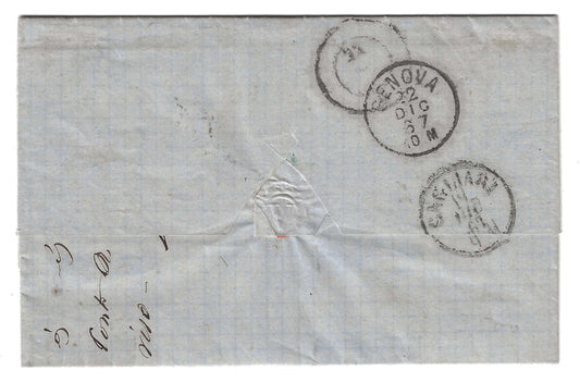 1867 Regno D'ITALIA - Busta da Tunisi a Genova con francobollo 40 c. annulli PIROSCAFI POSTALI ITALIANI e DA TUNISI