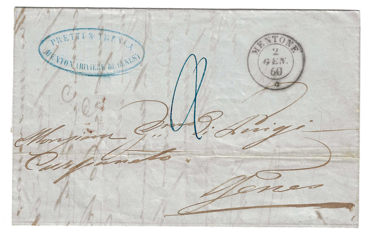 1860 Regno di Sardegna - Piego da MENTONE a Genova non affrancato e tassato 2