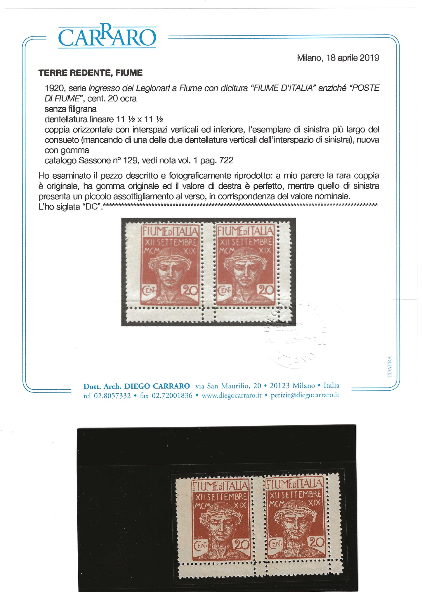 1920 Fiume - Coppia francobolli Ingresso Legionari FIUME d'ITALIA con interspazio rarità MH*