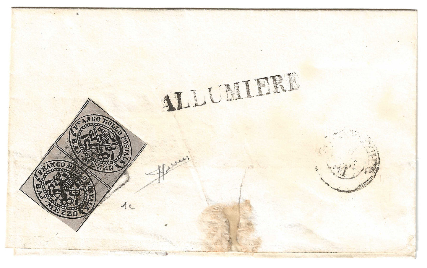 1861 Stato Pontificio - Lettera porto segnato da ALLUMIERE a Civitavecchia con francobolli da ½ baj.