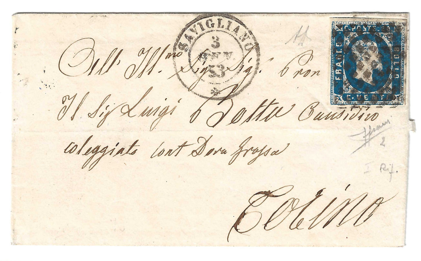 1851 Regno di Sardegna - Piego di lettera da SAVIGLIANO a Torino con francobollo da 20 c. I emissione