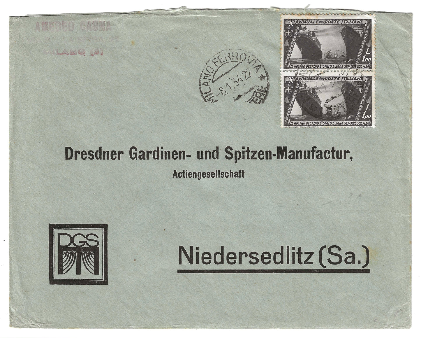 1934 Regno d'Italia Busta per la Germania con coppia francobolli 1 l. serie Decennale Marcia su Roma del 1932