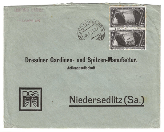 1934 Regno d'Italia Busta per la Germania con coppia francobolli 1 l. serie Decennale Marcia su Roma del 1932