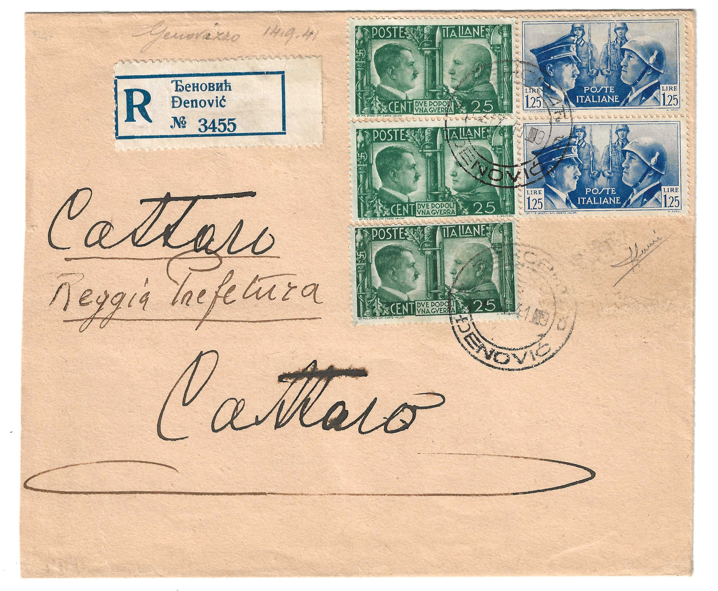 1941 Regno d'Italia - Busta da DENOVIC a Cattaro con francobolli da 25 c. e 1,25 l. della serie Fratellanza d'Armi